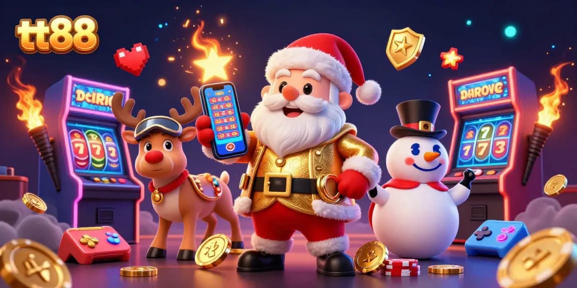 Spin and win jackpots with tt88 in a lively casino scene featuring Santa Claus and friends!