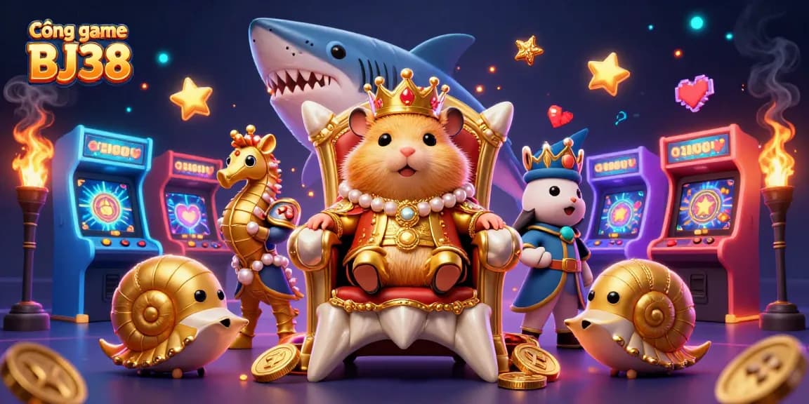 Cổng game BJ38's vibrant scene showcasing a golden hamster king on a megalodon throne with dynamic casino elements and arcade games.