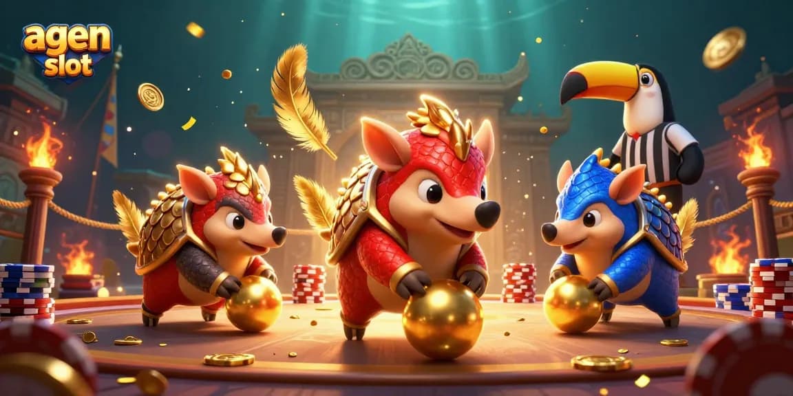 Experience thrilling agen slot action as pangolins compete among golden chips and vibrant game elements.