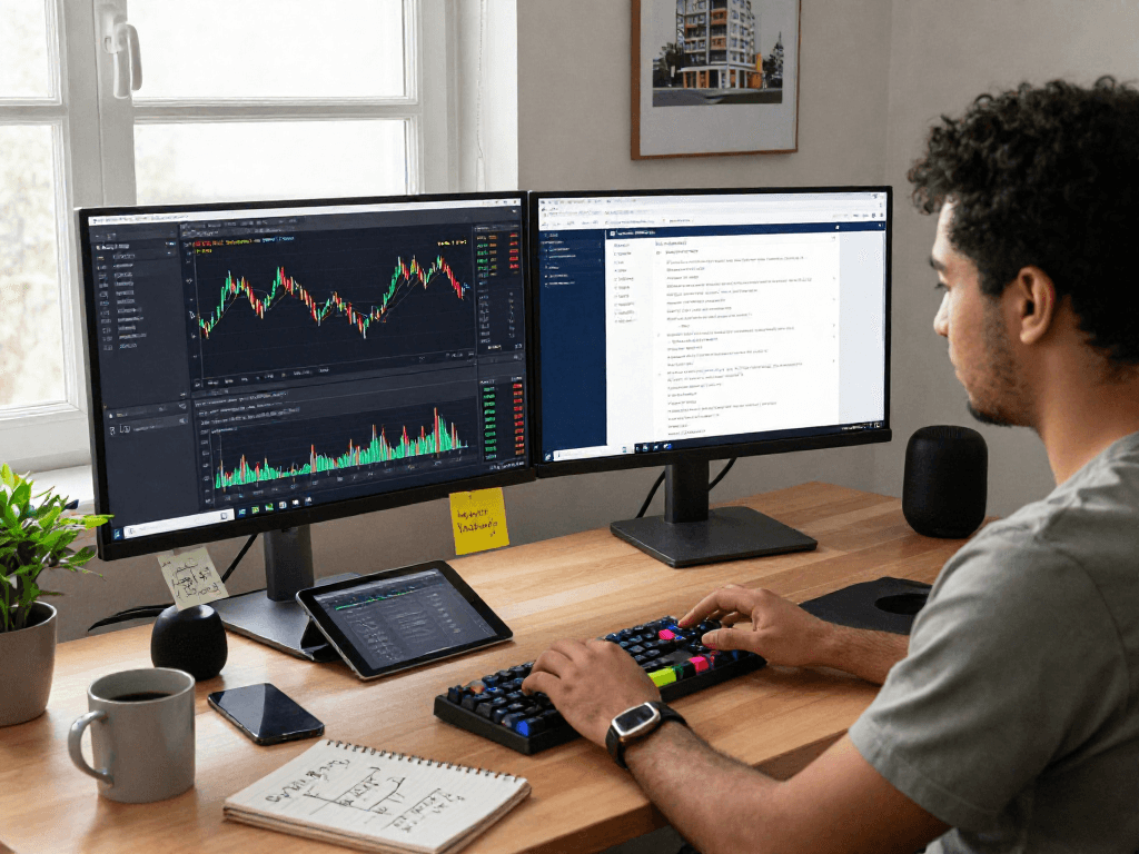 Developer coding with global index real-time API data on dual monitors in a modern workspace.