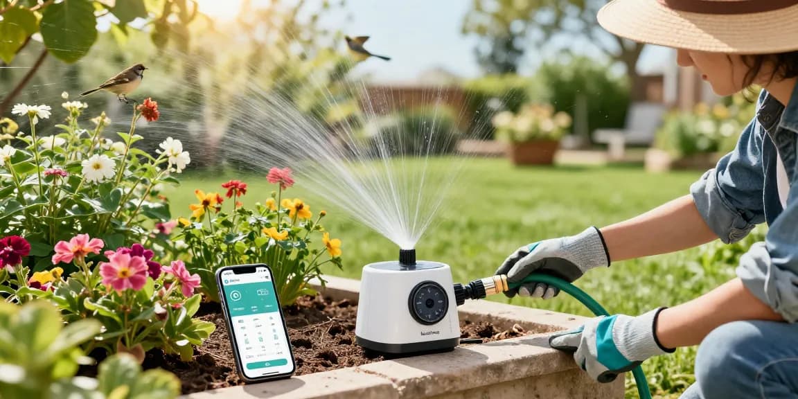Gardener using the RainPoint automatic watering system in a vibrant garden, connecting hoses and checking moisture levels on a smartphone.