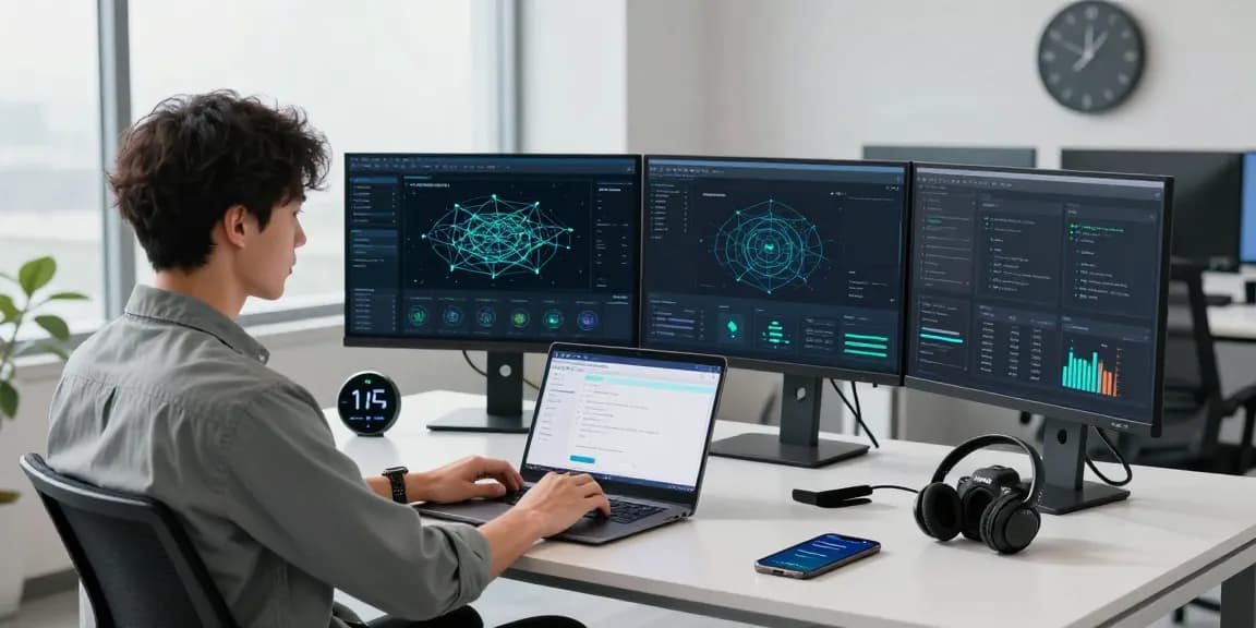 Professional in a modern office setting configuring 快连 network acceleration on multiple screens for optimized performance.