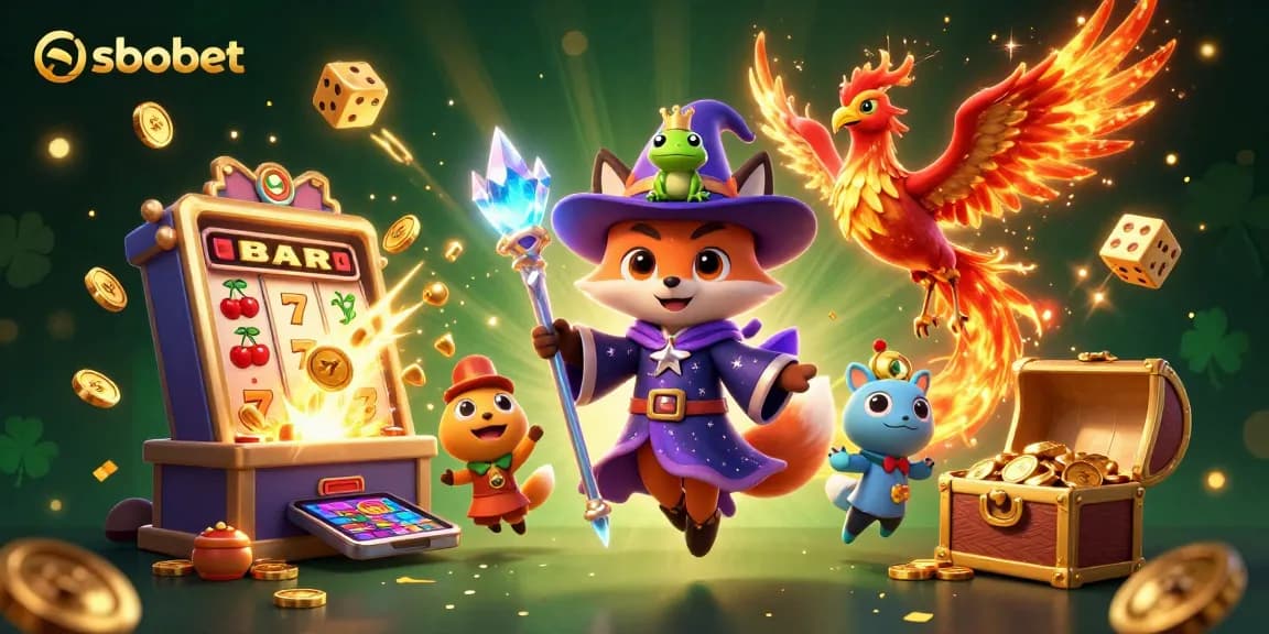 Experience thrilling sbobet gameplay with this vibrant casino scene featuring a mystical wizard fox and phoenix.