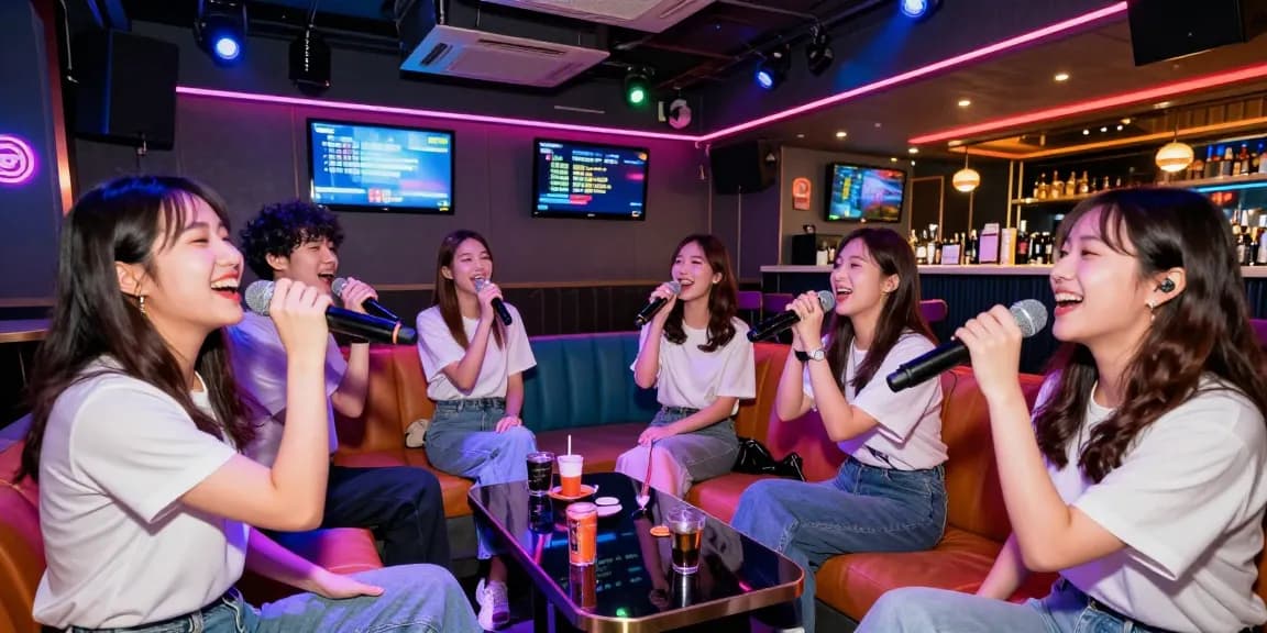 Group of friends enjoying 강남가라오케 with colorful lights and singing.