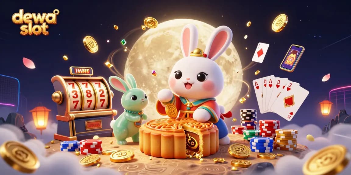 Spin the reels with dewa slot, featuring a lively moon rabbit and dazzling casino elements.