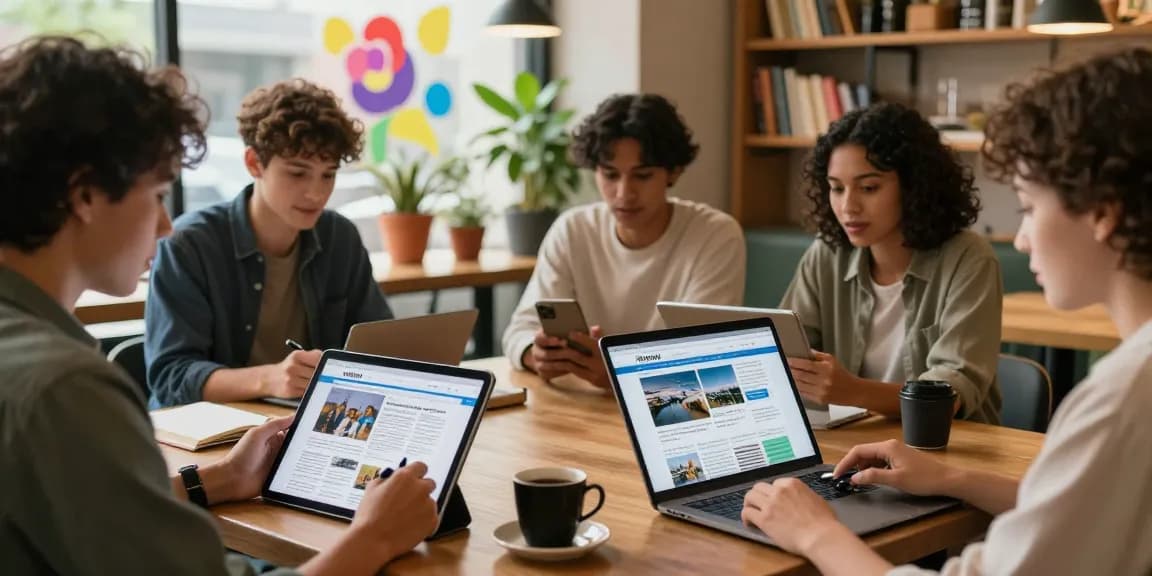 Readers engaging with https://www.theindaily.com on various devices in a cozy café.