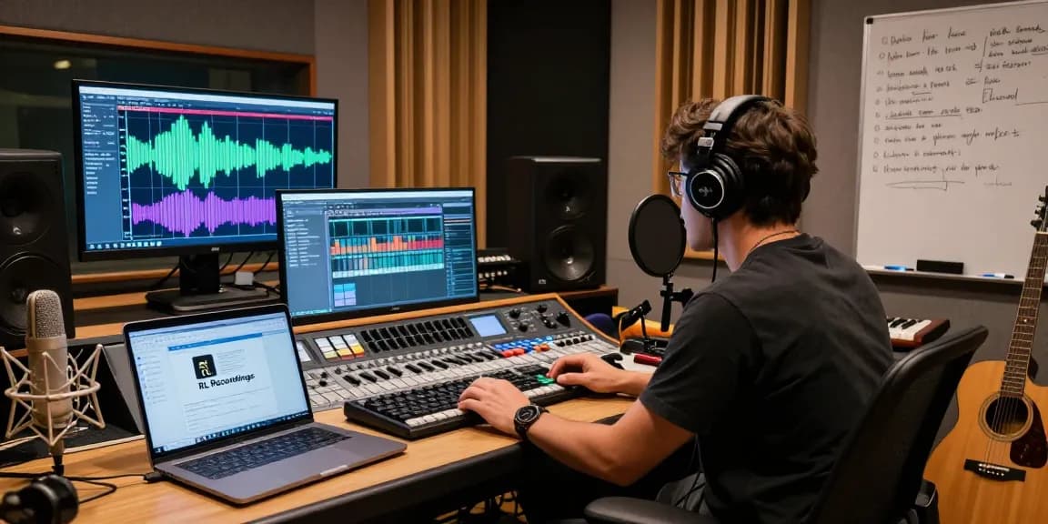RL Recordings music production scene with producers mixing tracks in a vibrant studio atmosphere