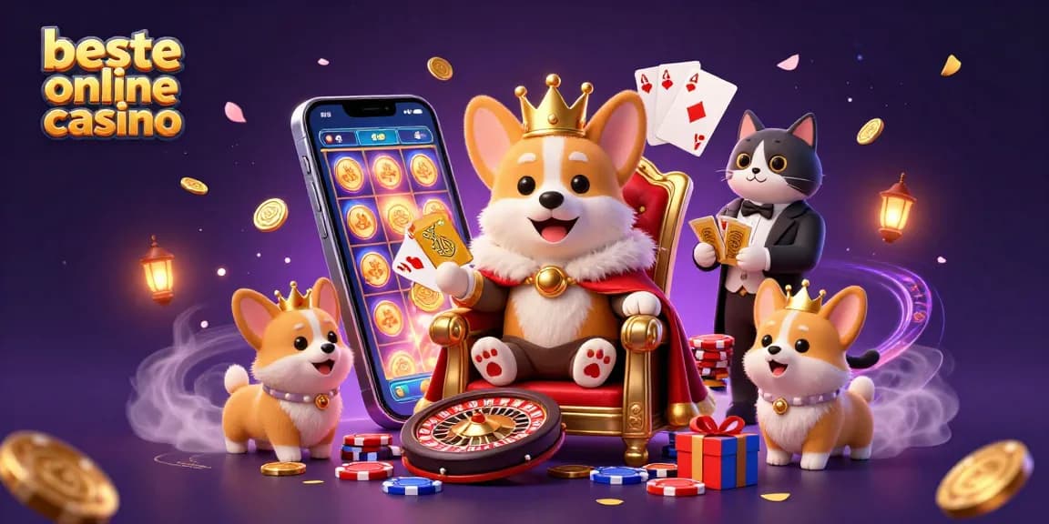 Engage with the beste online casino world featuring a royal corgi on poker chips amid gaming excitement.