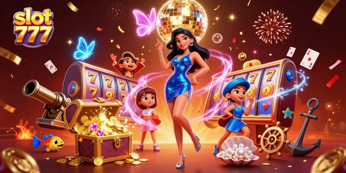 Spin to win at slot 777 with vibrant 3D gaming elements and celebratory visuals.