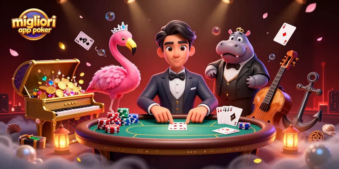 Migliori app per poker: scena colorata di un tavolo da poker con personaggi animati che esibiscono una performance musicale