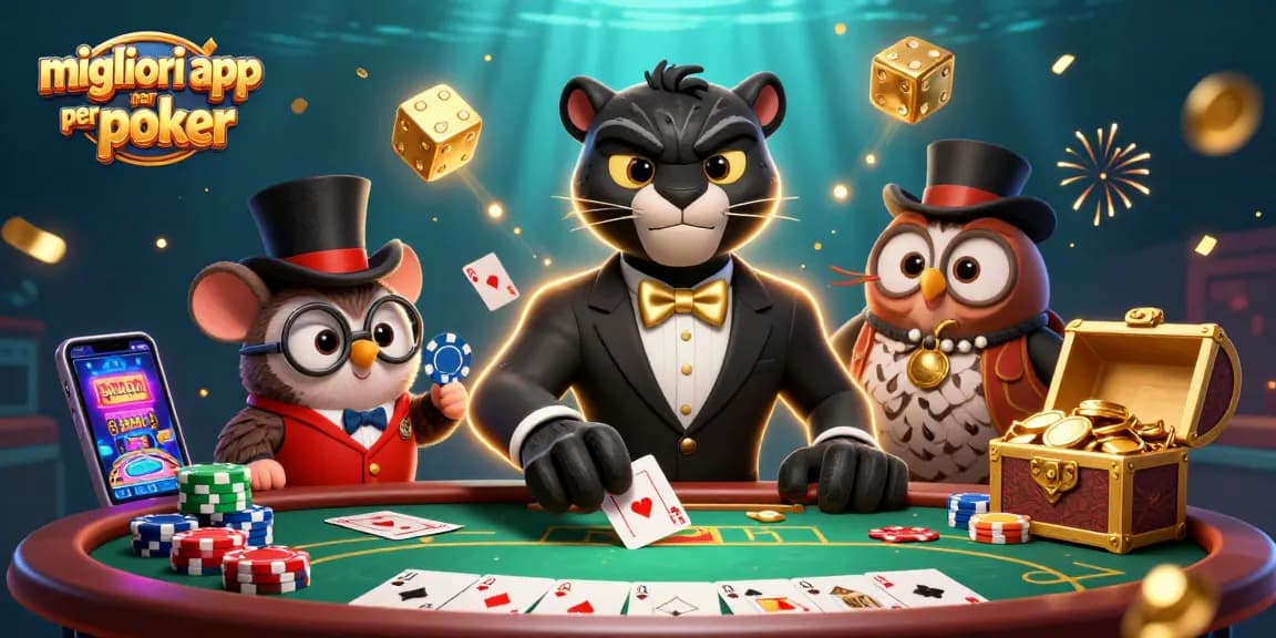 Gioca con le migliori app per poker, immagini 3D di un pantera e un gufo al tavolo da poker.
