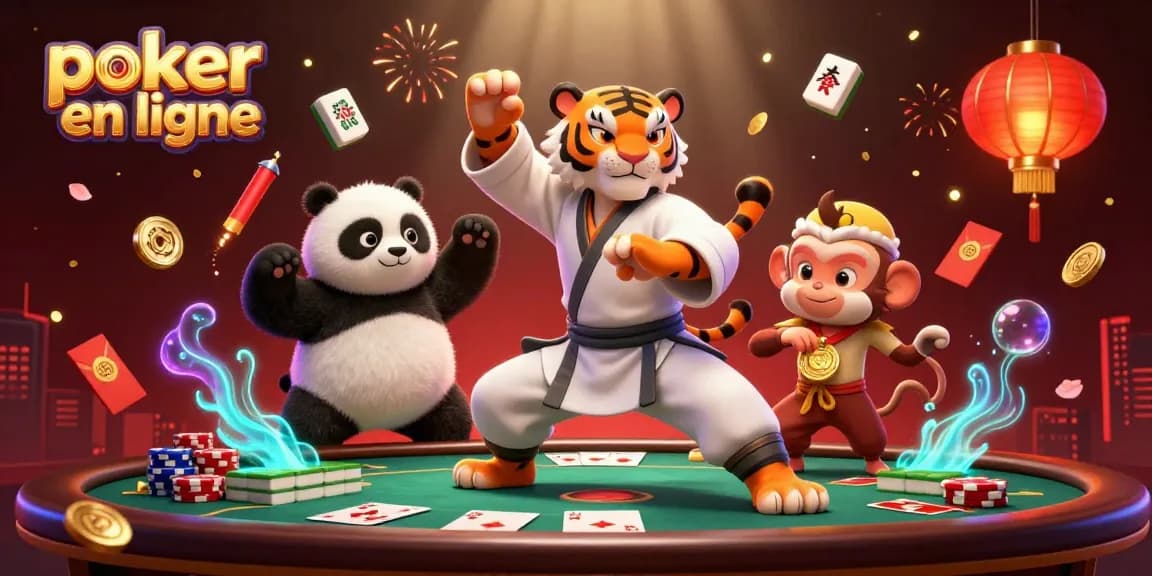 Découvrez des stratégies de poker en ligne avec cette illustration dynamique du maître tigre et ses disciples jouant.