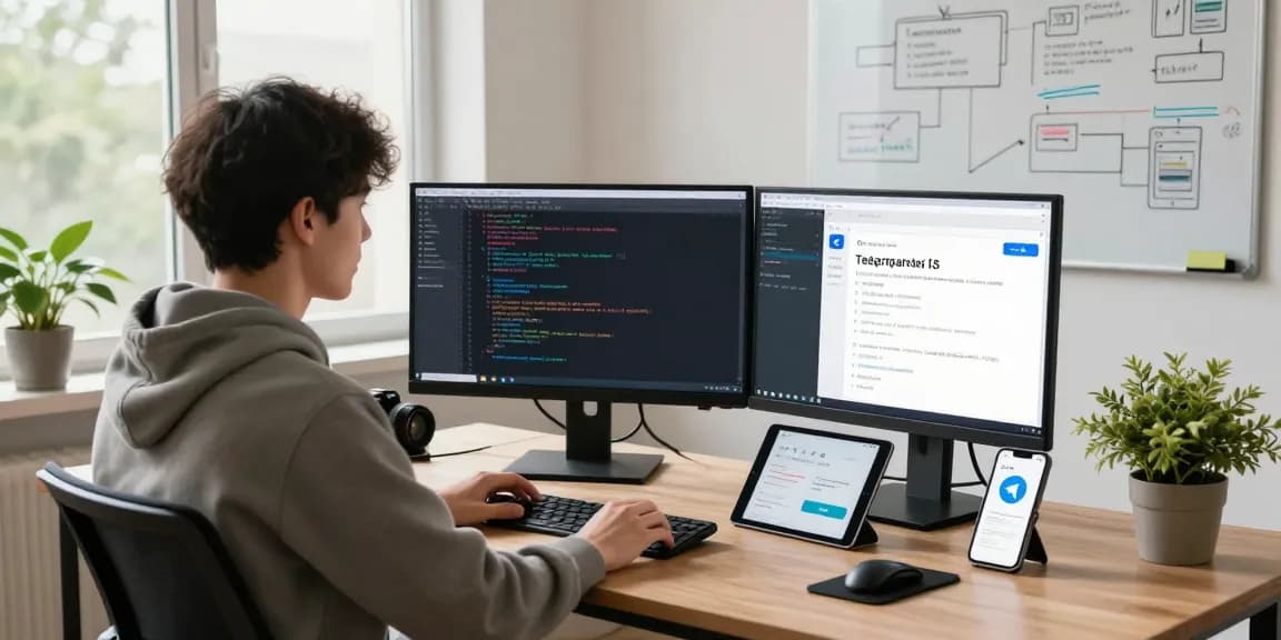 Developer reviewing Telegram iOS China app features in a vibrant workspace.