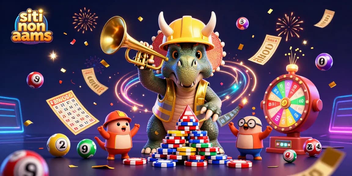 Scopri i siti non AAMS con un triceratopo animato che costruisce torri di fiches in una festa entusiasta.