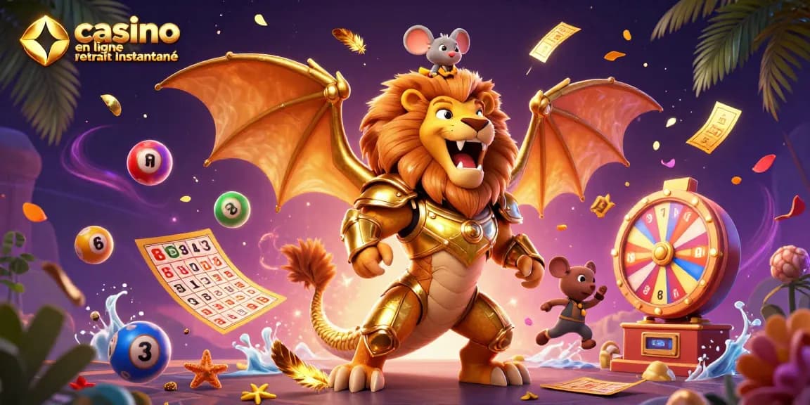 Illustration de jeux de casino en ligne retrait instantané avec des balles de loterie colorées et un personnage chimérique.
