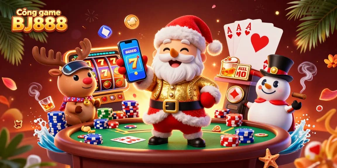 Engage with the Cổng game BJ888 excitement featuring Santa, a reindeer dealer, and a poker chip snowman.