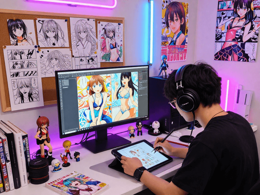 Artistic studio environment focused on manga creation, featuring vibrant sketches and digital tools, showcasing creativity at https://hitomi-mangaraw01.com/.