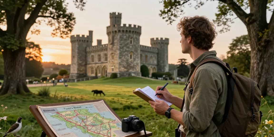 Tynte's Castle exploration scene showcasing https://tyntescastle.com, with an adventurer appreciating historical landmarks.