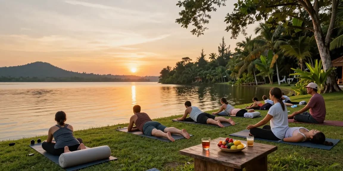 Best yoga retreats Sri Lanka 2026 with serene lakeside yoga practices at sunset, surrounded by lush nature.