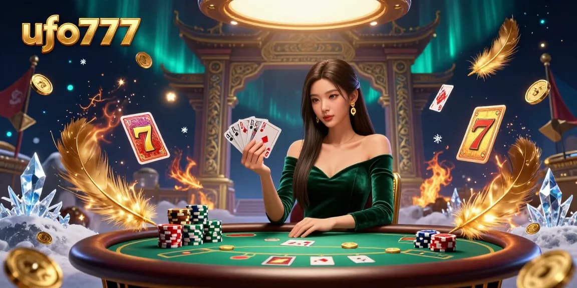 Experience thrilling poker action at ufo777 with a beautiful dealer showcasing winning hands.