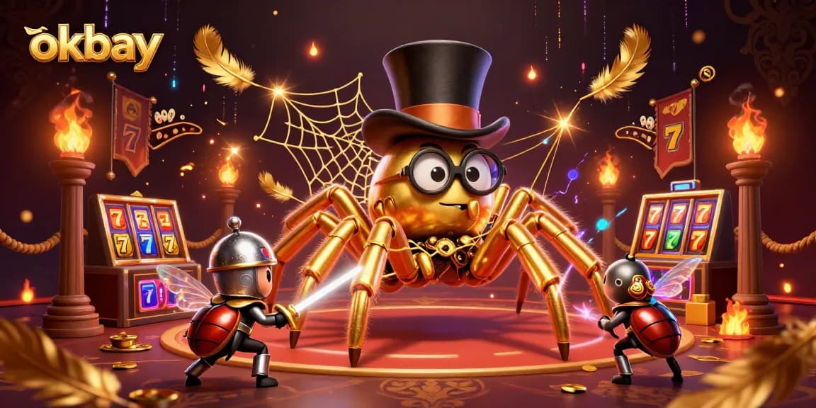 Experience exciting gameplay at okbay with a golden tarantula and a beetle knight in a vibrant casino scene.
