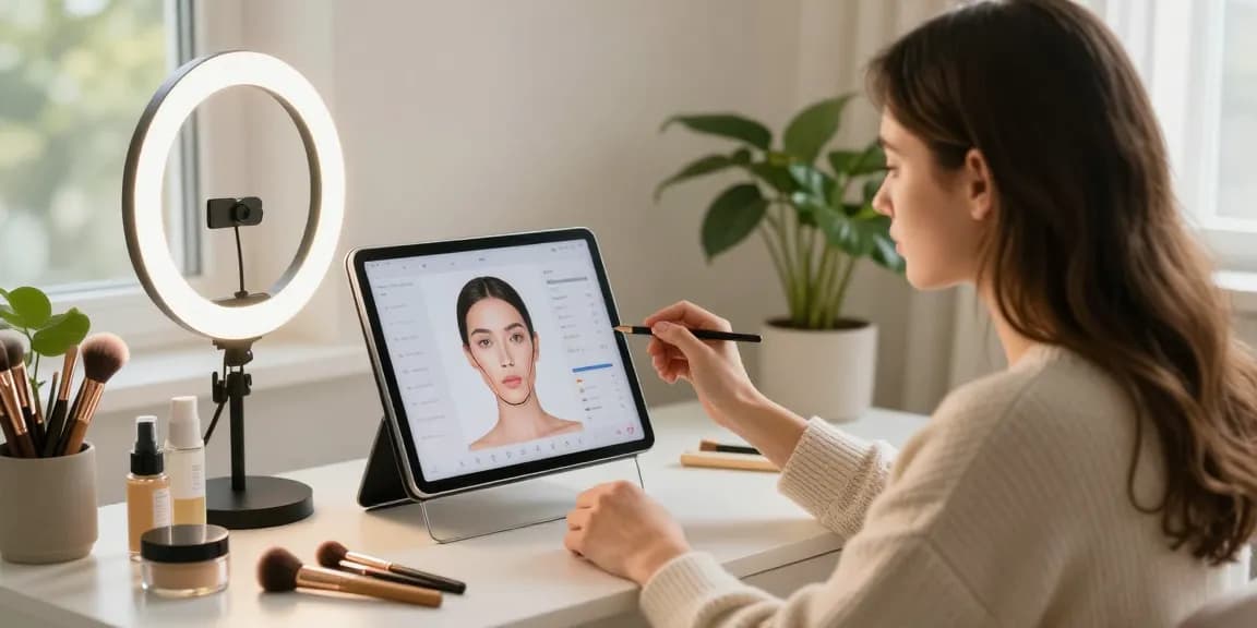 Beauty enthusiast engaged in an attractive test facial analysis with AI technology at home.