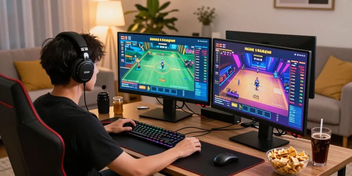 User enjoying an interactive kecak4d gaming experience at home with multiple screens displaying colorful graphics.