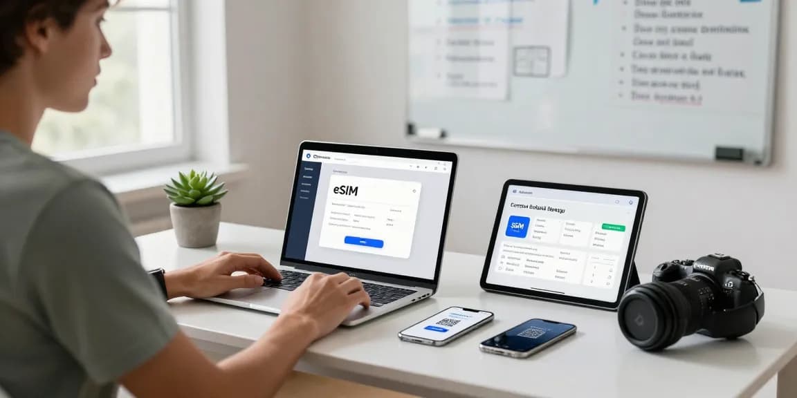 ما هو eSIM؟ تقني مبتكر في مكتب حديث يظهر واجهة تفعيل eSIM على اللابتوب.
