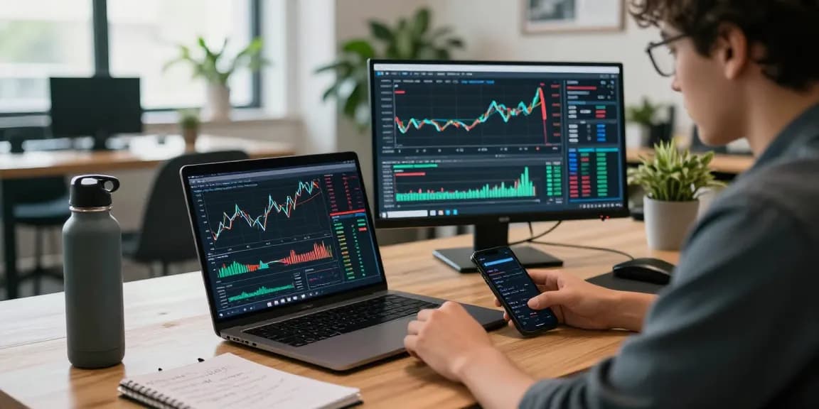 Funexchange trading workspace with cryptocurrency charts and digital wallet interface, conveying innovative fintech atmosphere.