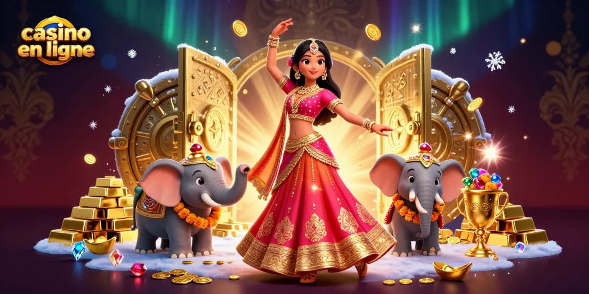Vivez des moments palpitants au casino en ligne avec une illustration vibrante sur le thème de Bollywood mettant en avant l'or et les bijoux.