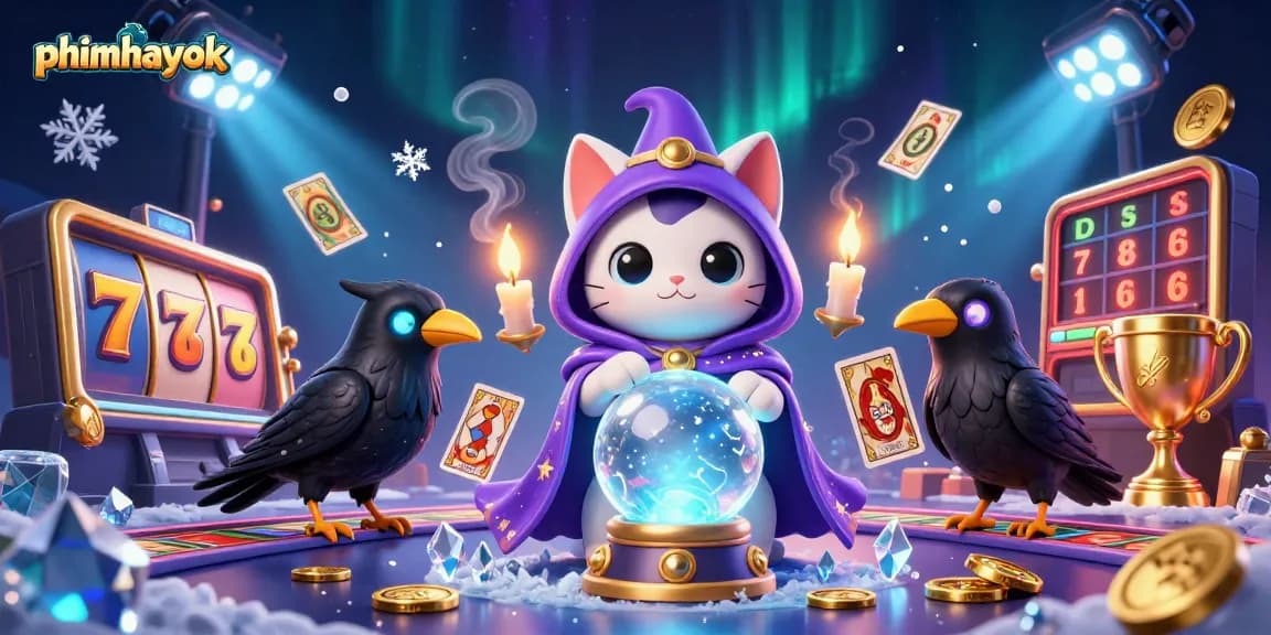 Engage with the thrilling casino world of phimhayok, featuring vibrant slot reels and mystical characters.