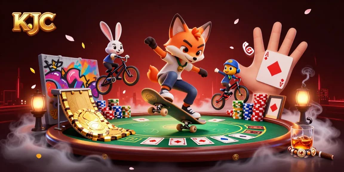 KJC offers thrilling gameplay with a fox doing tricks over poker chips amid vibrant casino symbols.