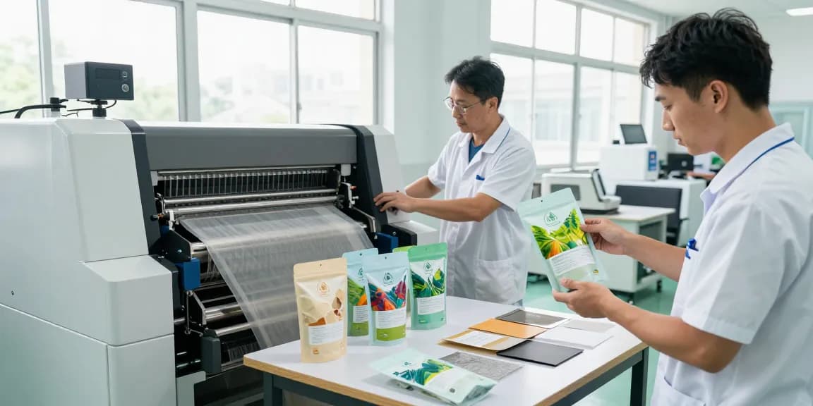 Production of stand-up pouch in a modern packaging facility with technicians and eco-friendly materials.