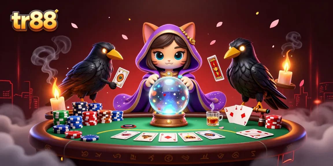 Play poker at tr88 with fortune teller cat, raven, and dynamic casino elements.