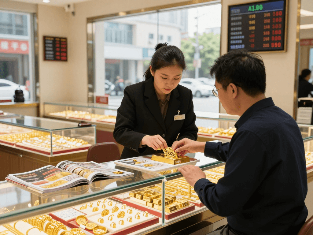 mantra 88 customer engaging in gold buying consultation, showcasing jewelry pieces in a premium store