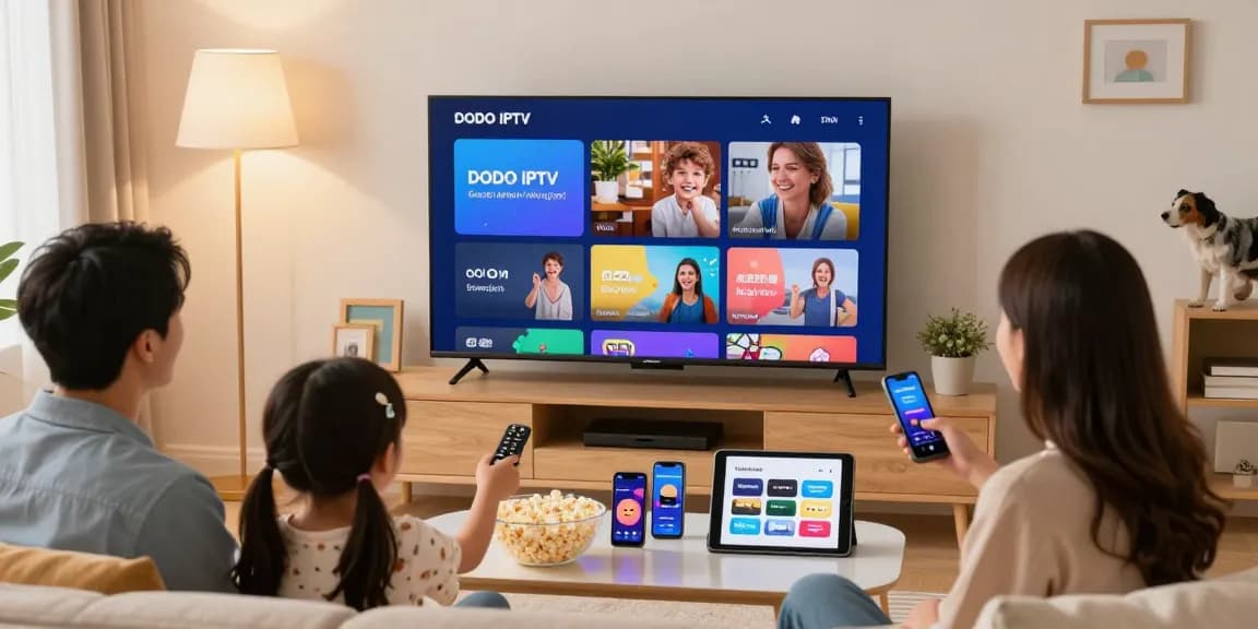 Family enjoying IPTV streaming in a cozy living room with smart devices and a vibrant ambiance.