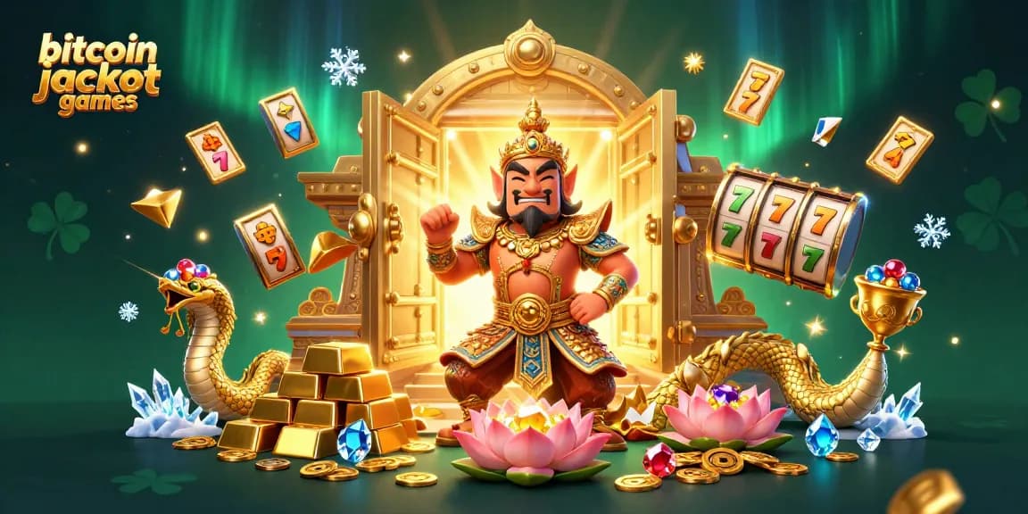 Engage in bitcoin jackpot games with a vibrant 3D scene filled with gold treasures and slot elements.