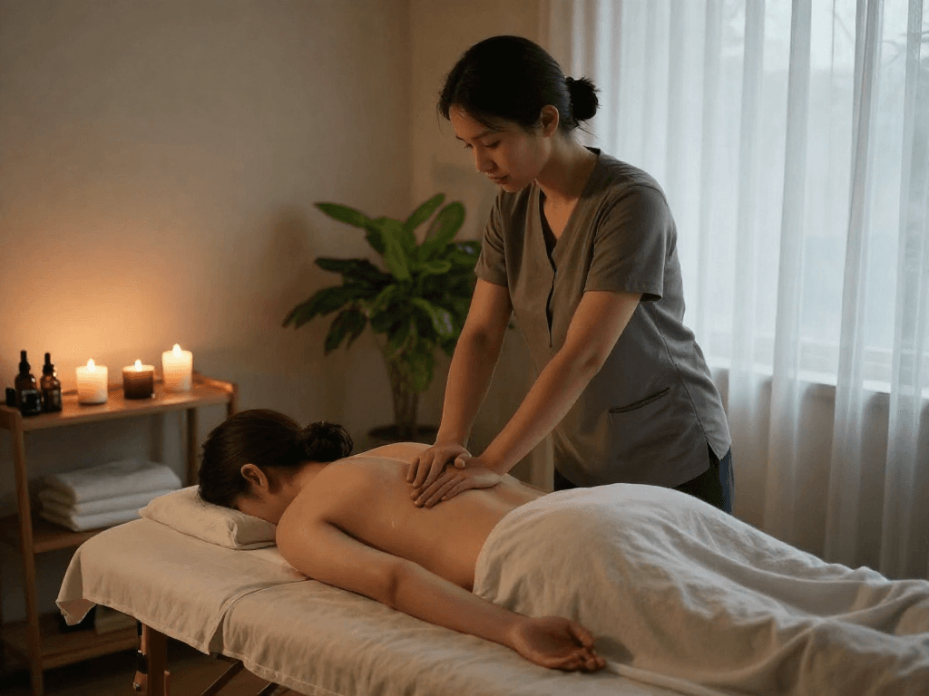 출장마사지 service in a serene home setting with a professional masseuse.