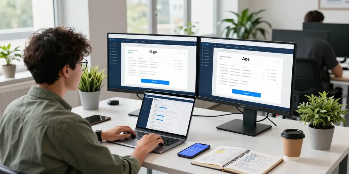 Age verification system software engineer analyzing compliance codes in modern workspace.