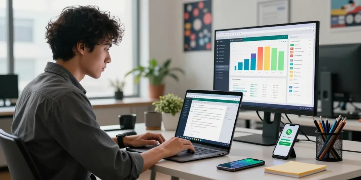 Professional using WhatsApp網頁版 on laptop in a bright office, showcasing digital communication.