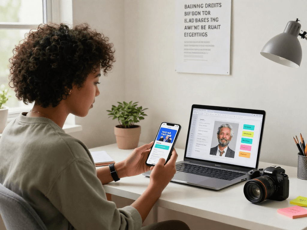 Using an app to determine how old do I look in a digital workspace with natural light and motivational elements.