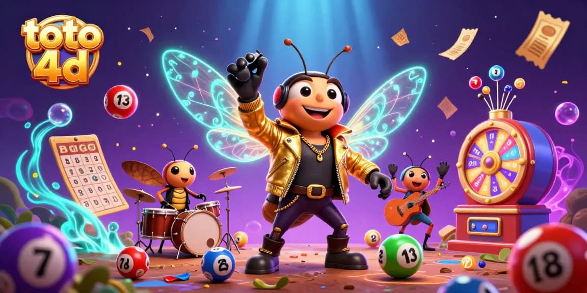 Toto 4D lively scene featuring a cicada rock star with lottery game elements, capturing excitement and energy for players.