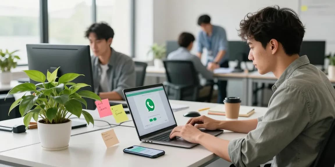 User engaging with WhatsApp網頁版 on desktop computer in modern office workspace, showcasing productivity and communication.