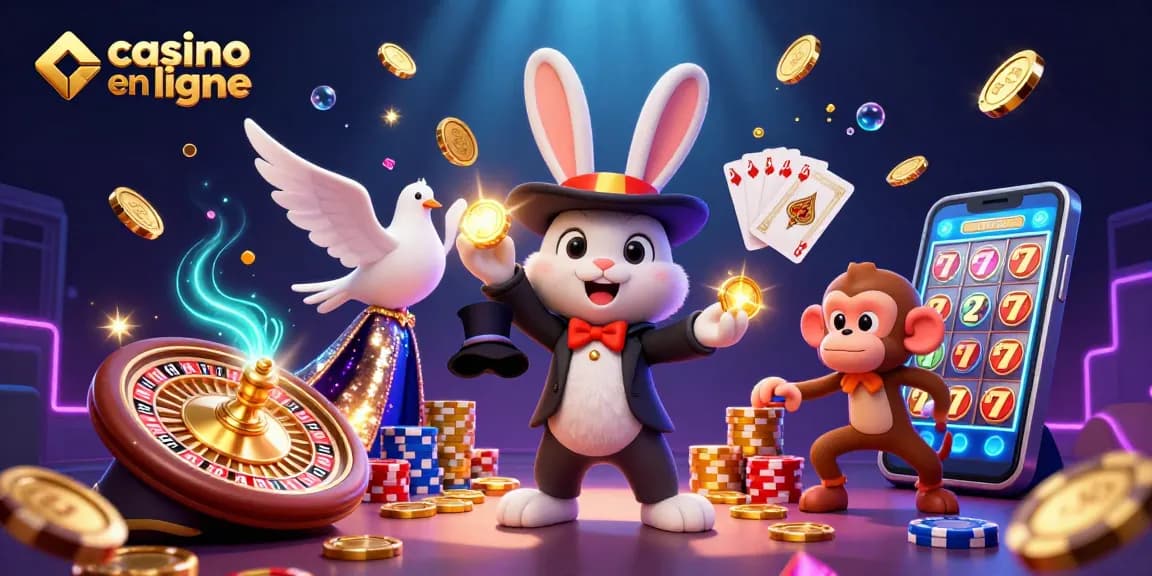 Découvrez le plaisir de gagner au casino en ligne avec un lapin magicien, des jetons de poker colorés et des gemmes scintillantes.