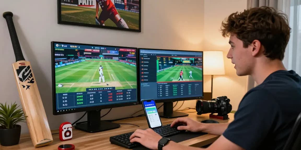 Enthusiastic user engaging with Fairplay24 app for online cricket betting at home.