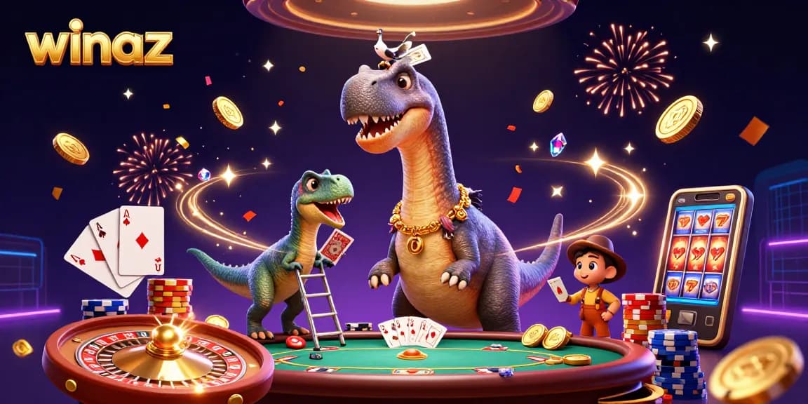 Join the excitement at winaz with a towering brontosaurus and clever raptor in a vibrant casino setting.