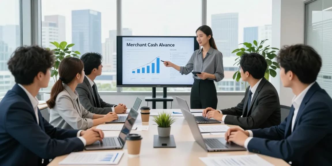 Business professionals discussing merchant cash advance UK options in a modern office.