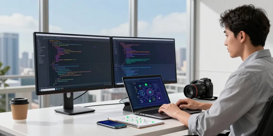 快连 provides seamless network connectivity in a modern tech workspace with coding and vibrant interfaces.