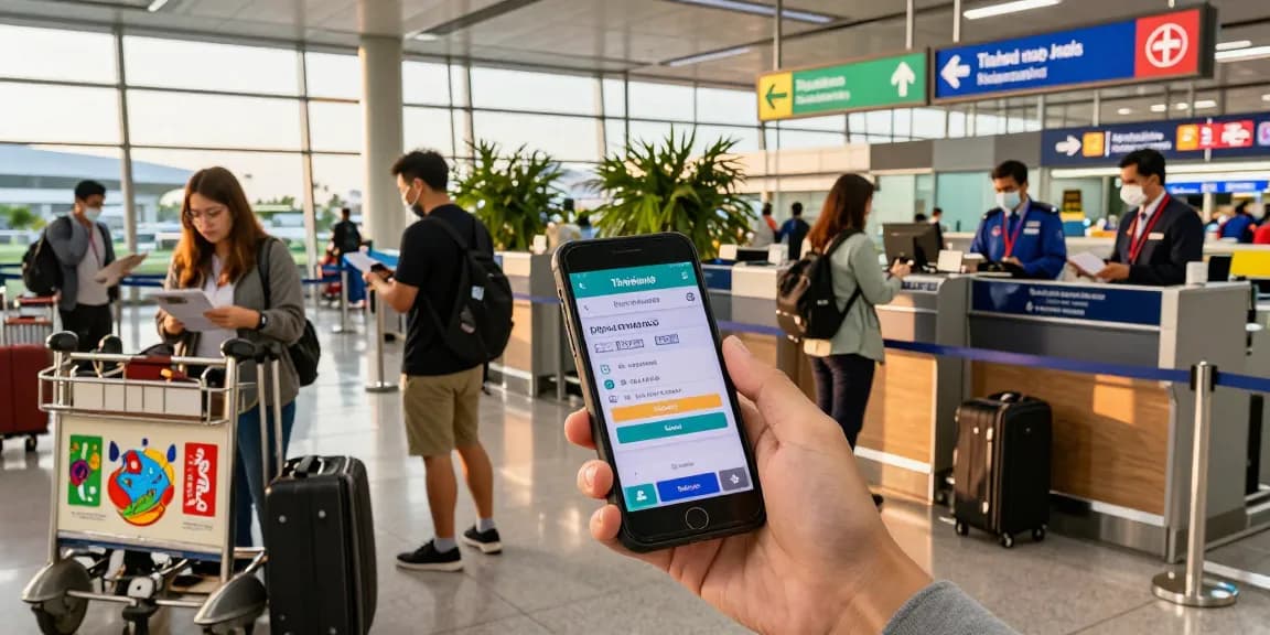 Traveler at Bangkok airport using Thailand digital arrival card to streamline immigration process.