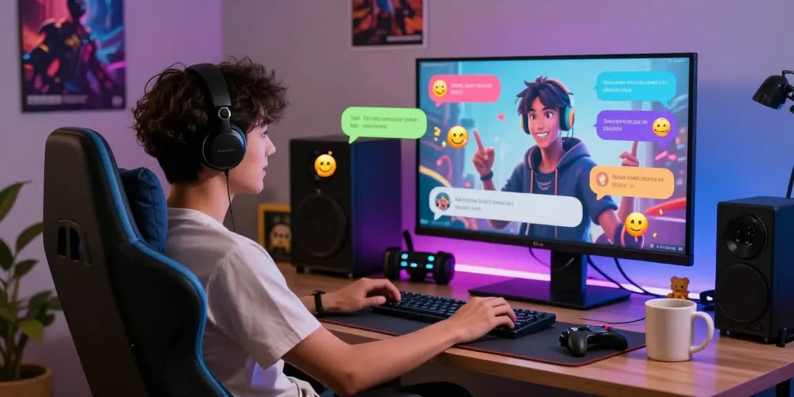 Interactive scene showcasing a user engaging with an nsfw chat bot, surrounded by a vibrant tech ambiance.